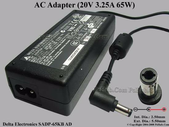 Delta Electronics SADP-65KB AC Adapter- Laptop 20V 3.25A, 5.5/2.5mm, 2-Prong