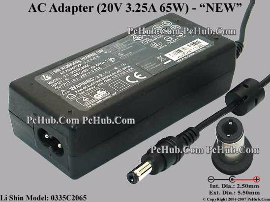 Li Shin 0335C2065 AC Adapter- Laptop 20V 3.25A, 5.5/2.5mm 12mm Length, 2-Prong, New