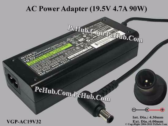 Sony Vaio Parts AC Adapter- Laptop 19.5V 4.7A, 6.0/4.3mm With Pin, 2-Prong