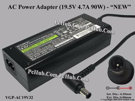 Sony Vaio Parts AC Adapter- Laptop 19.5V 4.7A, 6.0/4.3mm With Pin, 2-Prong