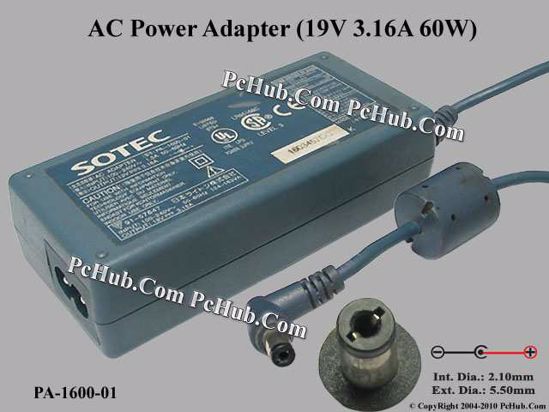 Sotec Common Item (Sotec) AC Adapter- Laptop 19V 3.16A, 5.5/1.7mm 2-Prong