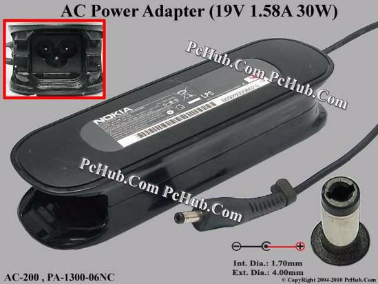 Nokia Booklet 3G AC Adapter- Laptop 19V 1.58A, Barrel 4.0/1.7mm, 3-Prong, New