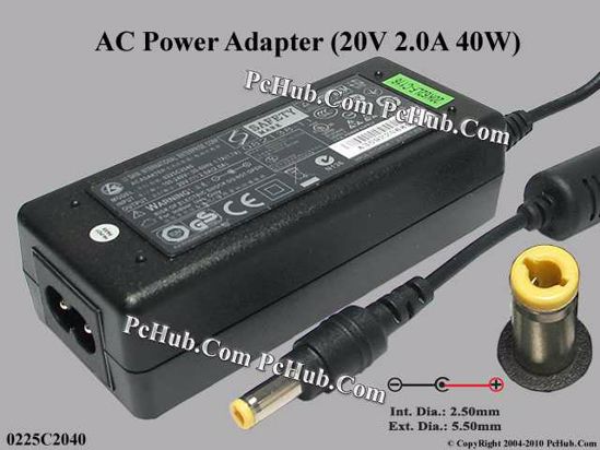 Li Shin 0225C2040 AC Adapter NEW Original 20V 2A, 5.5/2.5mm 12MM, 2-Prong, New