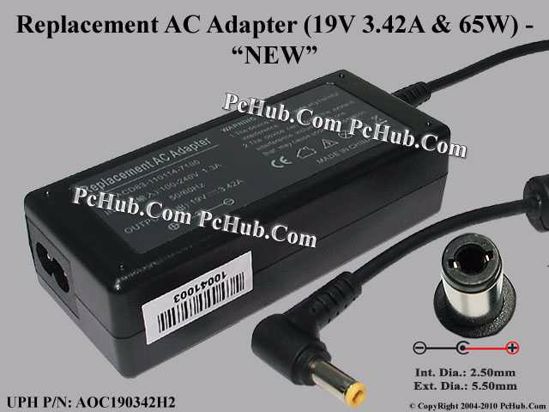 For Toshiba Laptop AC Adapter Compatible 19V 3.42A, 5.5/2.5mm, 2-Prong, New