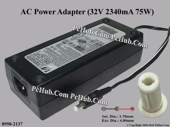 HP Common Item (HP) AC Adapter 20V Above 0950-2137, 32V 2340mA, Tip-A, (IEC C14)