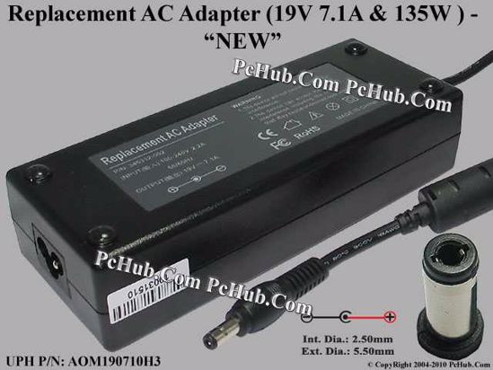 For Hp Laptop AC Adapter Compatible 19V 7.1A, 5.5/2.5mm, 3-Prong, New