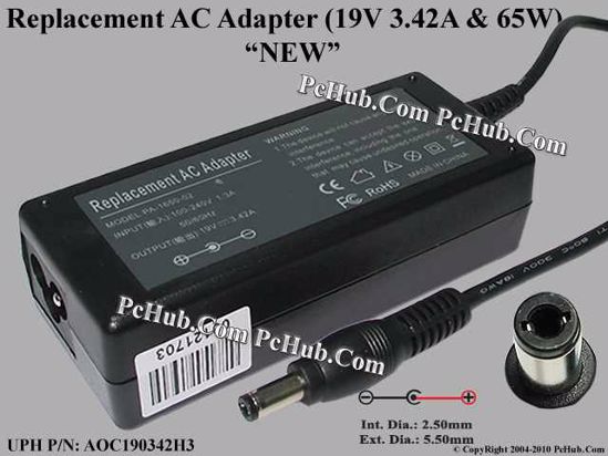 For Toshiba Laptop AC Adapter Compatible 19V 3.42A, 5.5/2.5mm, 3-Prong, New