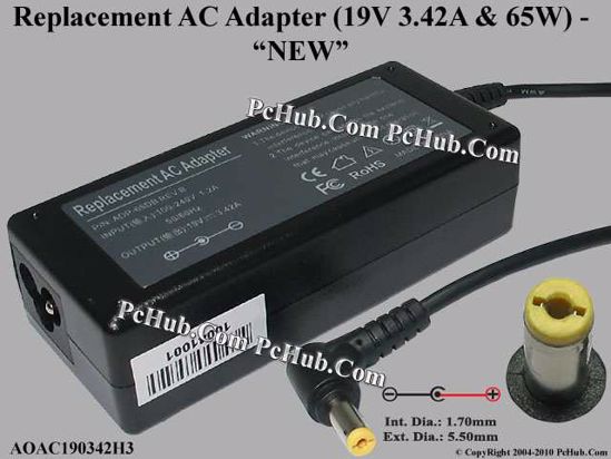 For Acer Laptop AC Adapter Compatible 19V 3.42A, 5.5/1.7mm, 3-Prong, NEW