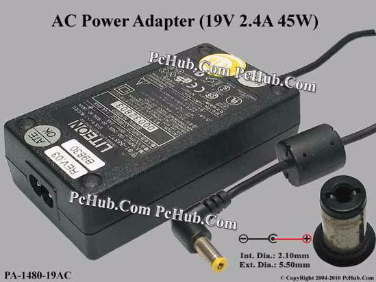 LITE-ON PA-1480-19AC AC Adapter- Laptop 19V 2.4A, 5.5/2.1mm, 2-Prong