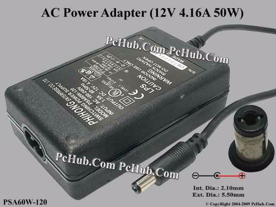 PHIHONG PSA60W-120 AC Adapter- Laptop 12V 4.16A, 5.5/2.1mm, 2-Prong