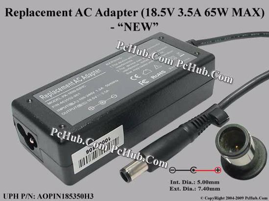 For Hp Laptop AC Adapter Compatible 18.5V 3.5A, 7.4/5.0mm With Pin, 3-Prong, OEM