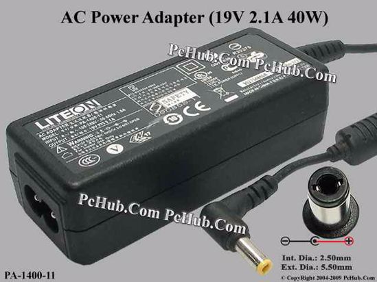 LITE-ON PA-1400-11 AC Adapter- Laptop 19V 2.1A, 5.5/2.5mm, 2-Prong