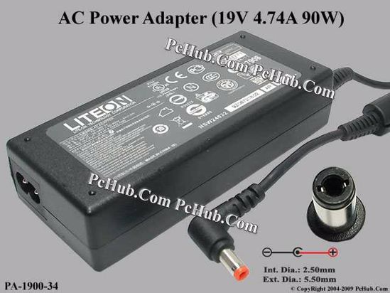 LITE-ON PA-1900-34 AC Adapter- Laptop 19V 4.74A, 5.5/2.5mm, 2-Prong