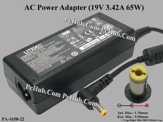 LITE-ON PA-1650-22 AC Adapter- Laptop 19V 3.42A, 5.5/1.7mm, 3-Prong