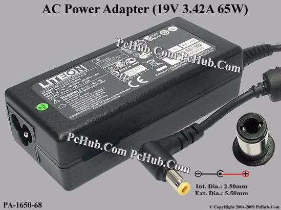 LITE-ON PA-1650-68 AC Adapter- Laptop 19V 3.42A, 5.5/2.5mm, 3-Prong