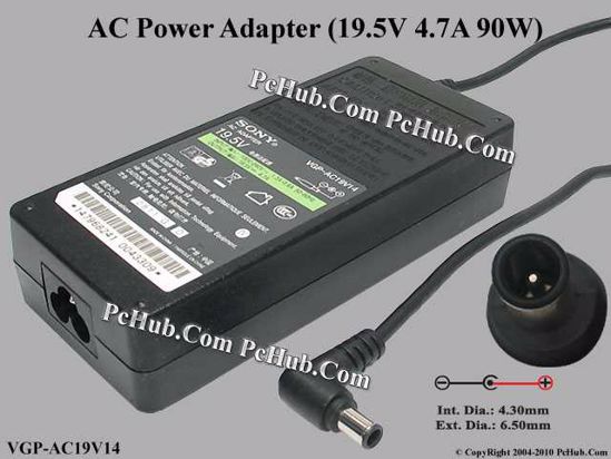 Sony Vaio Parts AC Adapter- Laptop VGP-AC19V14, 19.5V 4.7A, Tip-E, 3-prong