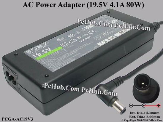 Sony Vaio Parts AC Adapter- Laptop PCGA-AC19V3, 19.5V 4.1A, Tip-E, 2-prong