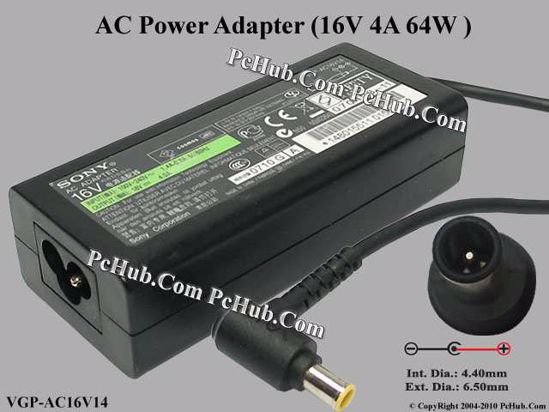 Sony Vaio Parts AC Adapter- Laptop VGP-AC16V14 , 16V 4 A , Tip-E, 3-prong