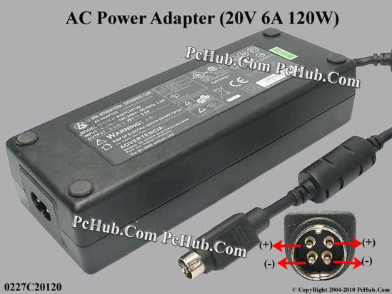 Li Shin 0227C20120 AC Adapter- Laptop 20V 6A, 4-Pin DIN, 2-Prong