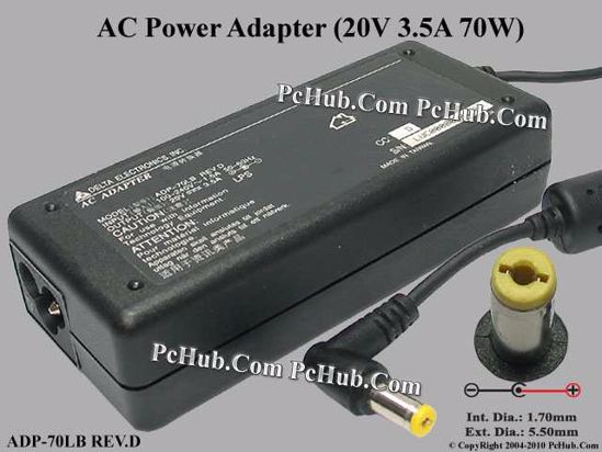 Delta Electronics ADP-70LB REV.D AC Adapter- Laptop 20V 3.5A, 5.5/1.7mm, 3-Prong