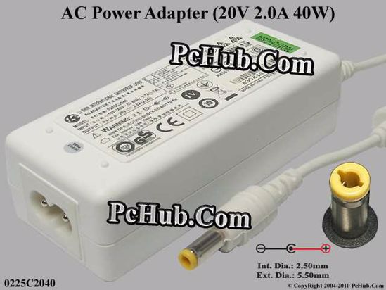 Li Shin 0225C2040 AC Adapter- Laptop 20V 2A, 5.5/2.5mm 12MM, 2-Prong, White