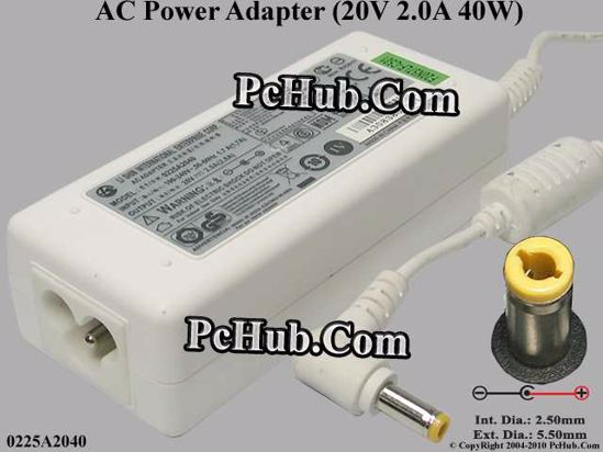 Li Shin 0225A2040 AC Adapter- Laptop 20V 2A, 5.5/2.5mm 12mm, 3-Prong, WHITE, nEW