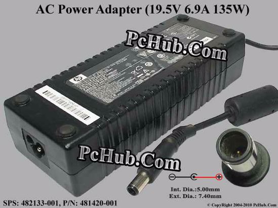 HP Common Item (HP) AC Adapter- Laptop 19.5V 6.9A, 7.4/5.0mm With Pin, 3-Prong