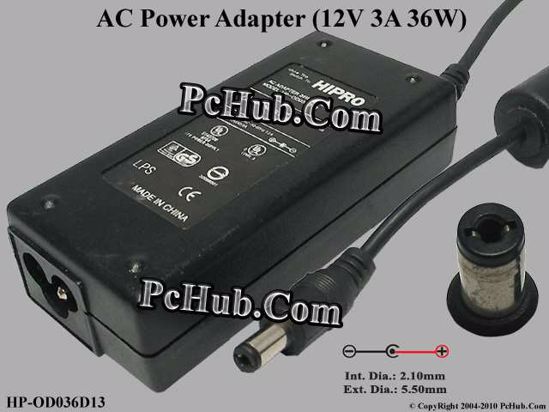 HIPRO HP-OD036D13 AC Adapter- Laptop 12V 3A, 5.5/2.1mm, 3-Prong