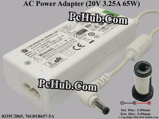 Li Shin 0335C2065 AC Adapter- Laptop 20V 3.25A, 5.5/2.5mm 12mm Length, 2-Prong, White,