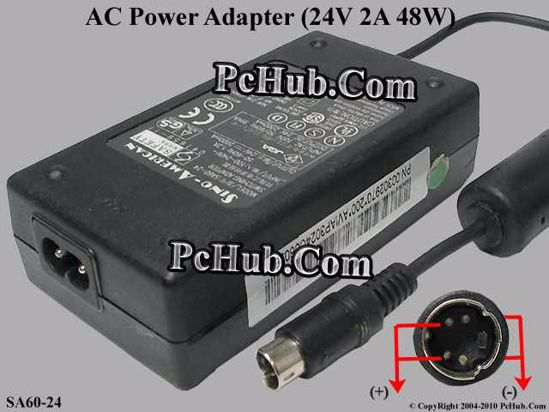 Sino American SA165E-24V AC Adapter 20V Above SA60-24, 24V 2A, 4-pin DIN, 2-prong