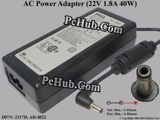 Dell Common Item (Dell) AC Adapter 20V Above 2317D, 22V 1.8A, (1.35/3.5mm), 2-prong