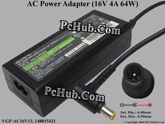 Sony Vaio Parts AC Adapter- Laptop VGP-AC16V13 , 16V 4 A , Tip-E, 2-prong