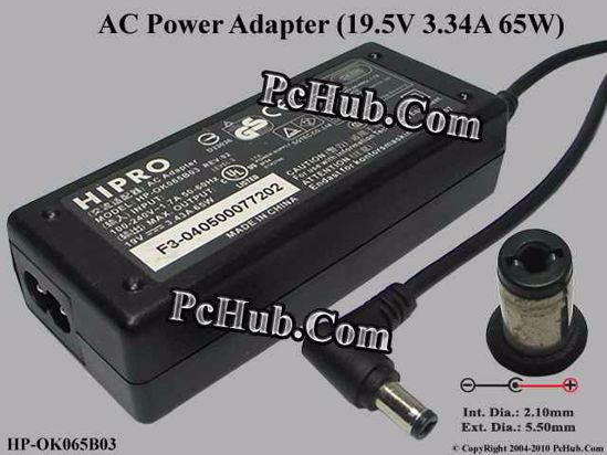 HIPRO HP-OK065B03 AC Adapter- Laptop 19.5V 3.34A, 5.5/2.1mm, 2-Prong