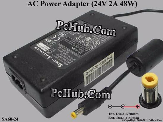 Sino American SA165E-24V AC Adapter 20V Above SA60-24, 24V 2A, Tip-A, 2-prong