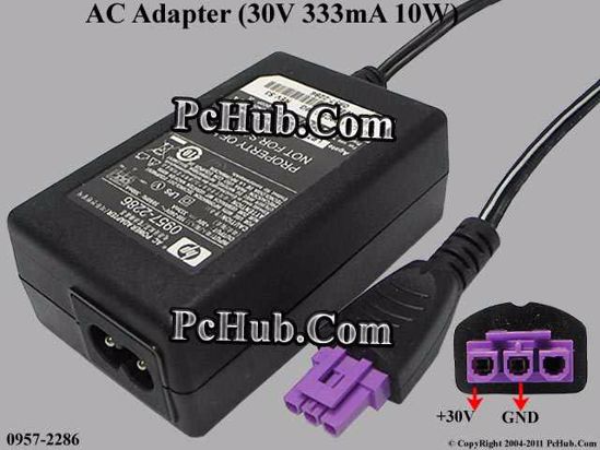 HP Common Item (HP) AC Adapter 20V Above 0957-2286, 30V 333mA, 3 Hole, 2-prong