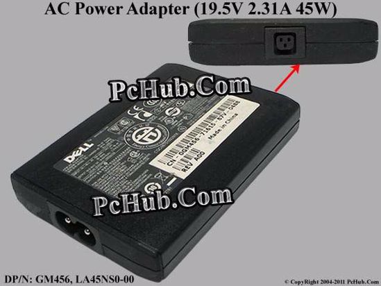 Dell Common Item (Dell) AC Adapter- Laptop GM456, 19.5V 2.31A, 3-pin Hole, 2-prong