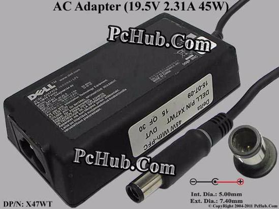 Dell Common Item (Dell) AC Adapter- Laptop X47WT, 19.5V 2.31A, PIN, 3-prong