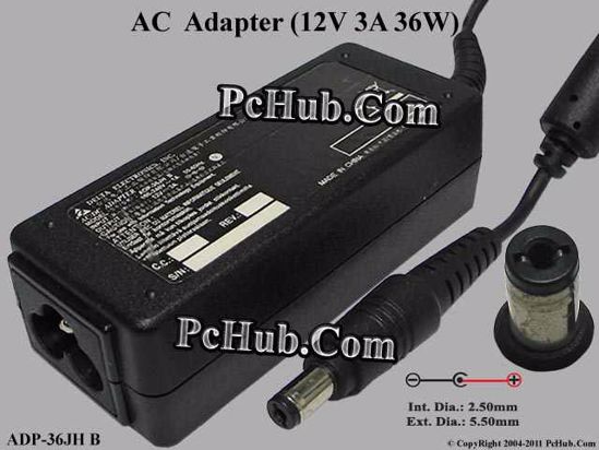 Delta Electronics ADP-36JH B AC Adapter- Laptop 12V 3A 36W, Barrel 5.5/2.5mm, 3-Prong, N