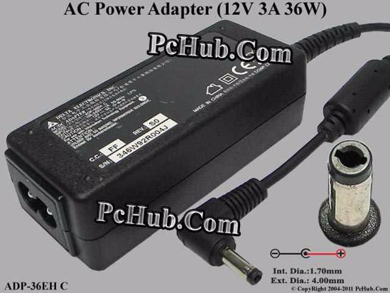 Delta Electronics ADP-36EH C AC Adapter- Laptop 12V 3A, 4.0/1.7mm, 3-Prong