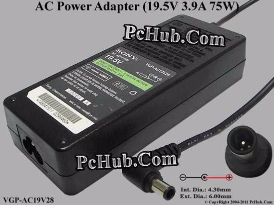 Sony Vaio Parts AC Adapter- Laptop VGP-AC19V28, 19.5V 3.9A, Tip-E, 3-prong