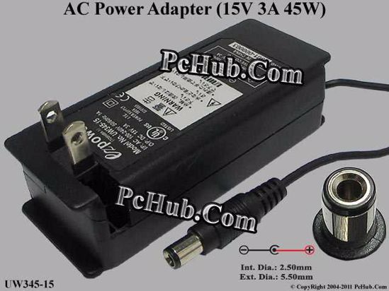 Other Brands ezPower AC Adapter 13V-19V 15V 3A, 6.5/3.0mm, US 2-Pin Plug