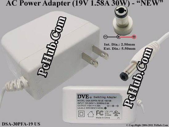 DVE DSA-30PFA-19 AC Adapter 13V-19V 19V 1.58A, 5.5/2.5mm 12mm, US 2-Pin, White, New