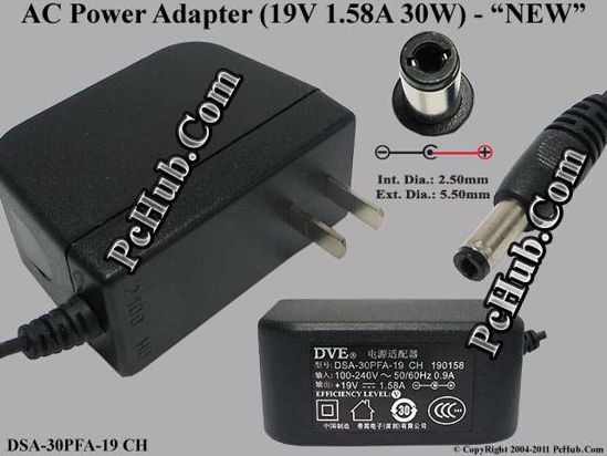 DVE DSA-30PFA-19 AC Adapter 13V-19V 19V 1.58A, 5.5/2.5mm 12mm, US 2-Pin, New