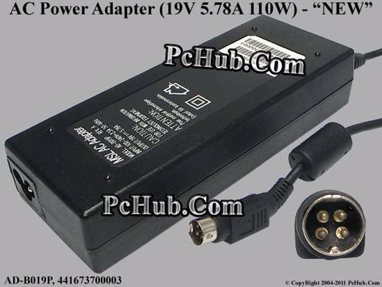 MSL Common Item (MSL) AC Adapter- Laptop AD-B019P, 19V 5.78A, 4-pin DIN, NEW