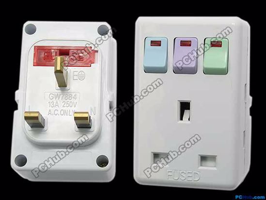 ACP Socket AC Socket Extension UK Plug with 3 sockets and switches, 250V 13A