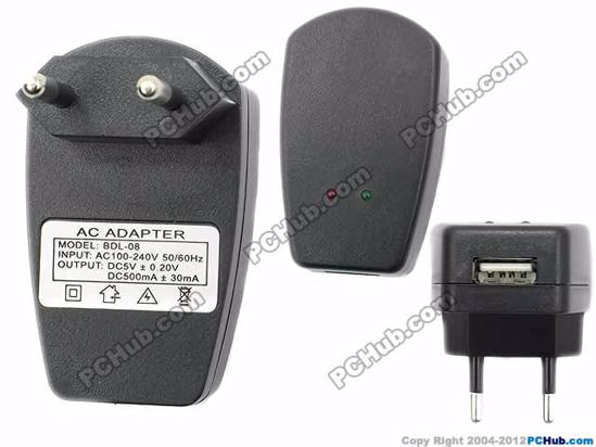 ACP USB USB- AC Power AC to USB Port, EU, BDL-08, 5V 500mA, Black