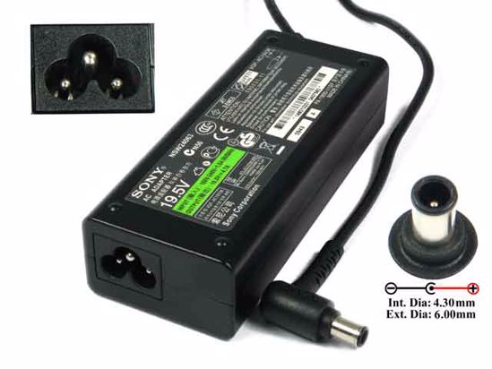 Sony Vaio Parts AC Adapter- Laptop 19.5V 4.7A, 6.0/4.3mm With Pin, 3-Prong