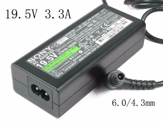 Sony Vaio SVE141D11L AC Adapter NEW Original 19.5V 3.3A, 6.0/4.3mm With Pin, 2-Prong, Ne