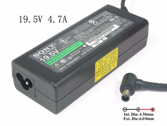 Sony Vaio VGN-FS Series AC Adapter NEW Original 19.5V 4.7A, 6.0/4.3mm With Pin, 3-Prong,