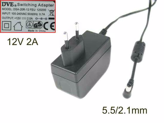 DVE DSA-20R-12 AC Adapter NEW Original 12V 2A, 5.5/2.1mm, EU 2-Pin